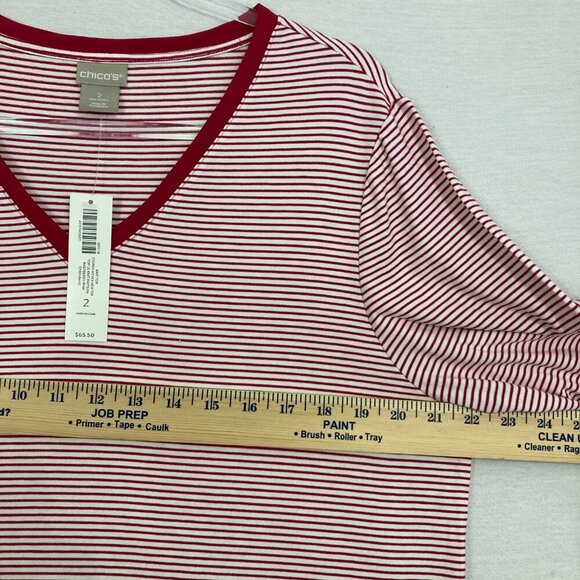 New Chico's Red White Striped V Neck Side Stretch Slit Knit Top size Large/2 - Picture 7 of 11